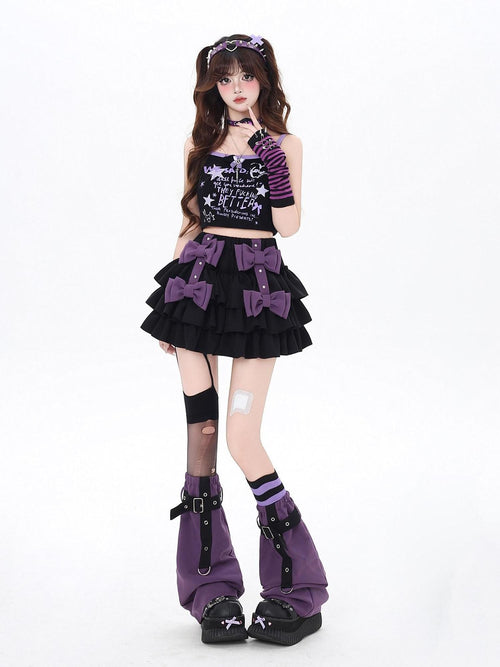 CRAZYGIRL Black Purple Puff Ruffle Bow Cake Women's Polyurethane Mini Skirts