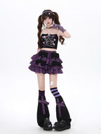 CRAZYGIRL Black Purple Puff Ruffle Bow Cake Women's Polyurethane Mini Skirts