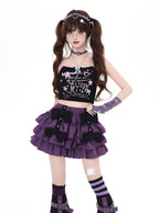 CRAZYGIRL Black Purple Puff Ruffle Bow Cake Women's Polyurethane Mini Skirts