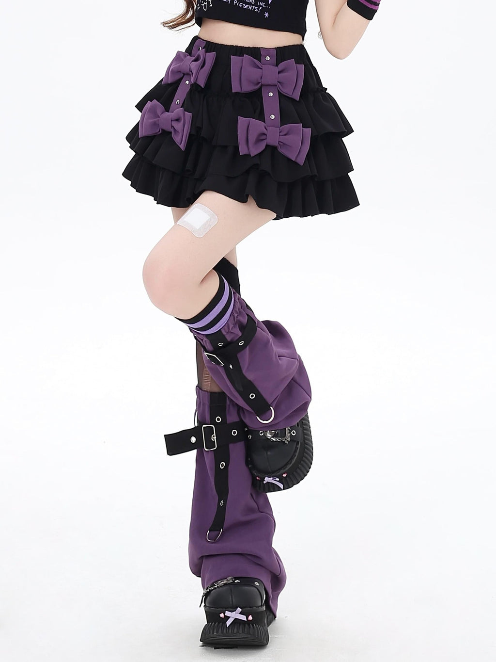CRAZYGIRL Black Purple Puff Ruffle Bow Cake Women's Polyurethane Mini Skirts