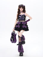 CRAZYGIRL Black Purple Puff Ruffle Bow Cake Women's Polyurethane Mini Skirts