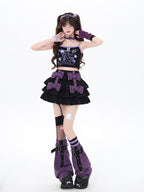 CRAZYGIRL Black Purple Puff Ruffle Bow Cake Women's Polyurethane Mini Skirts