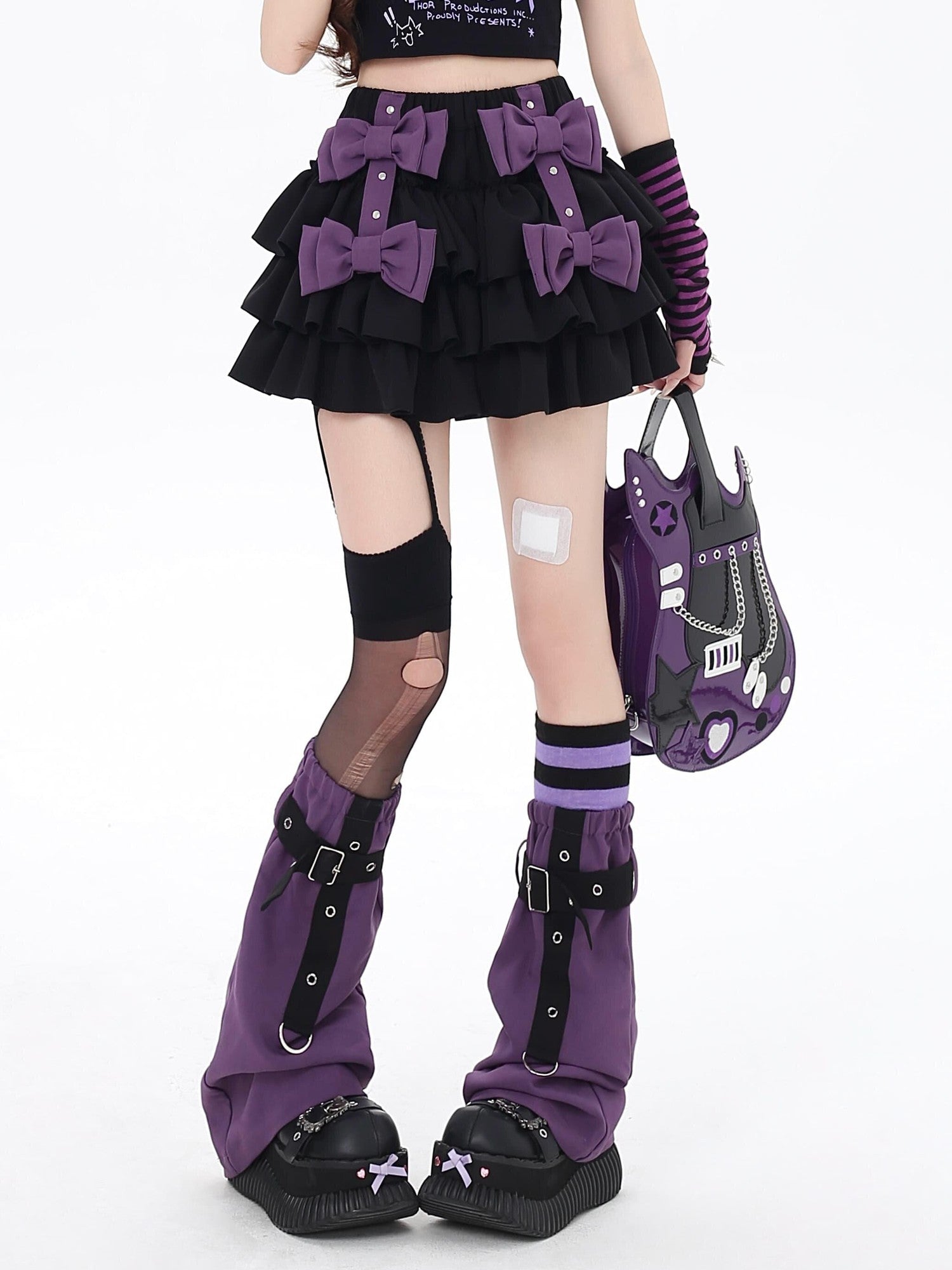 CRAZYGIRL Black Purple Puff Ruffle Bow Cake Women's Polyurethane Mini Skirts