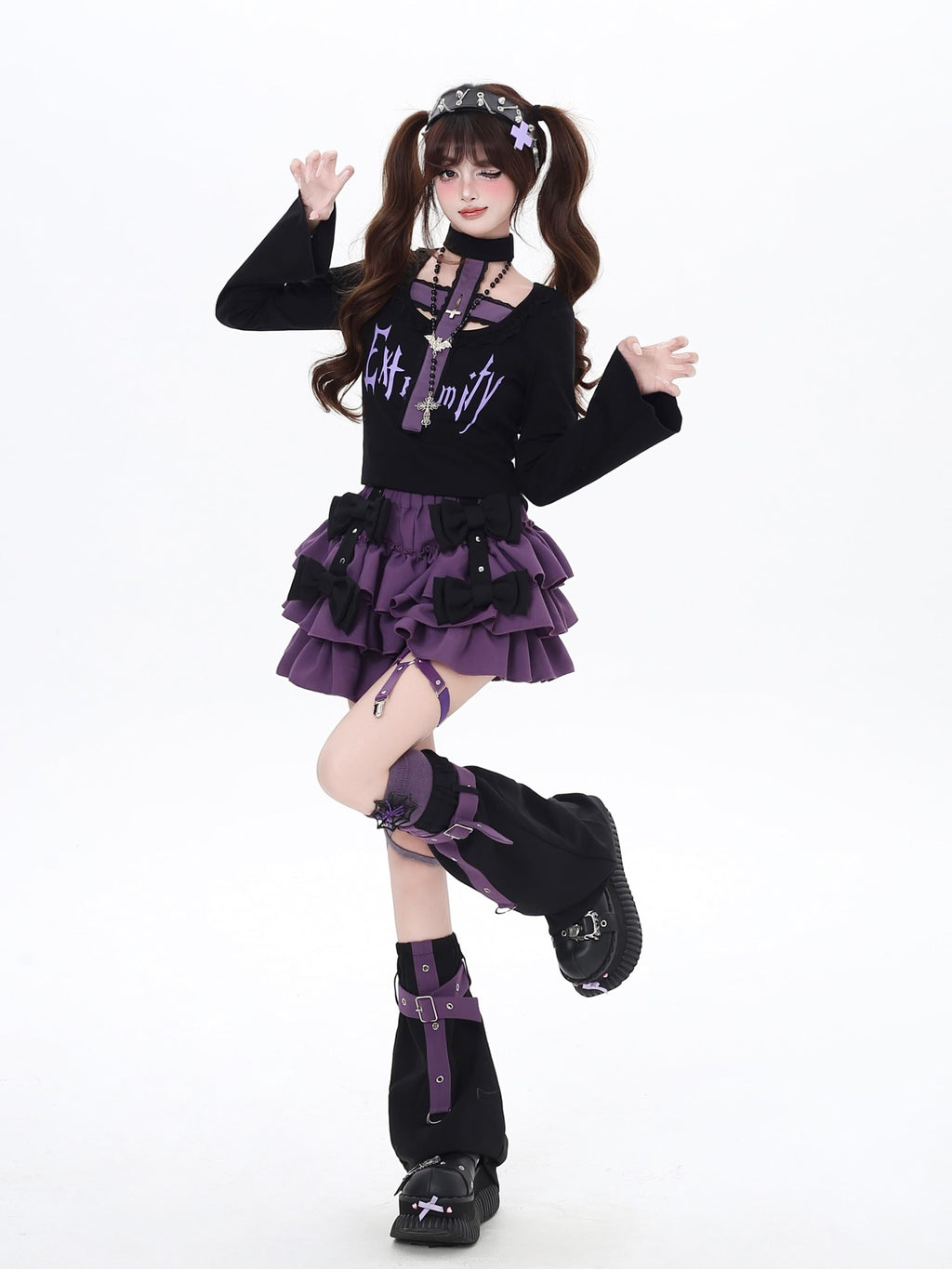 CRAZYGIRL Black Purple Puff Ruffle Bow Cake Women's Polyurethane Mini Skirts