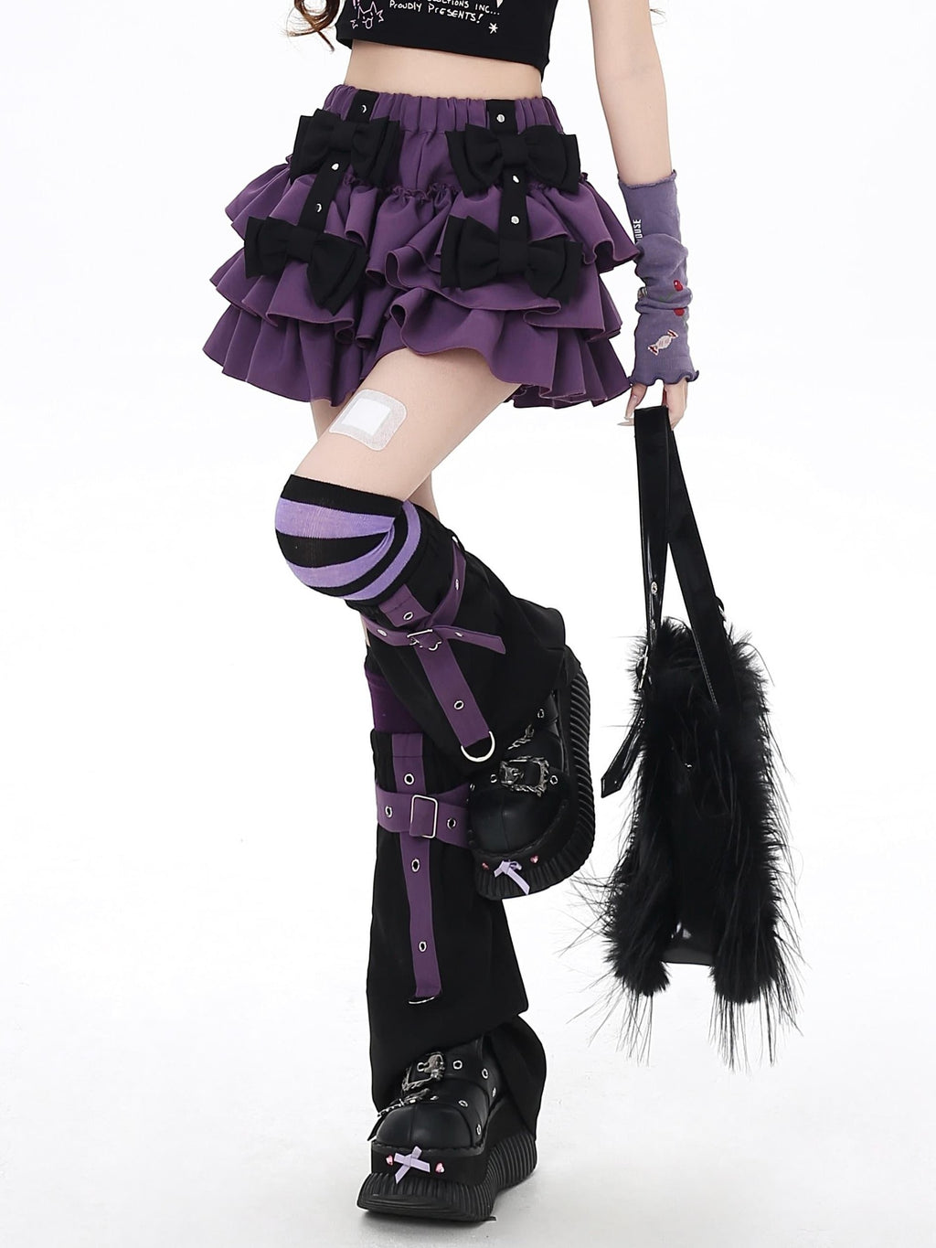 CRAZYGIRL Black Purple Puff Ruffle Bow Cake Women's Polyurethane Mini Skirts