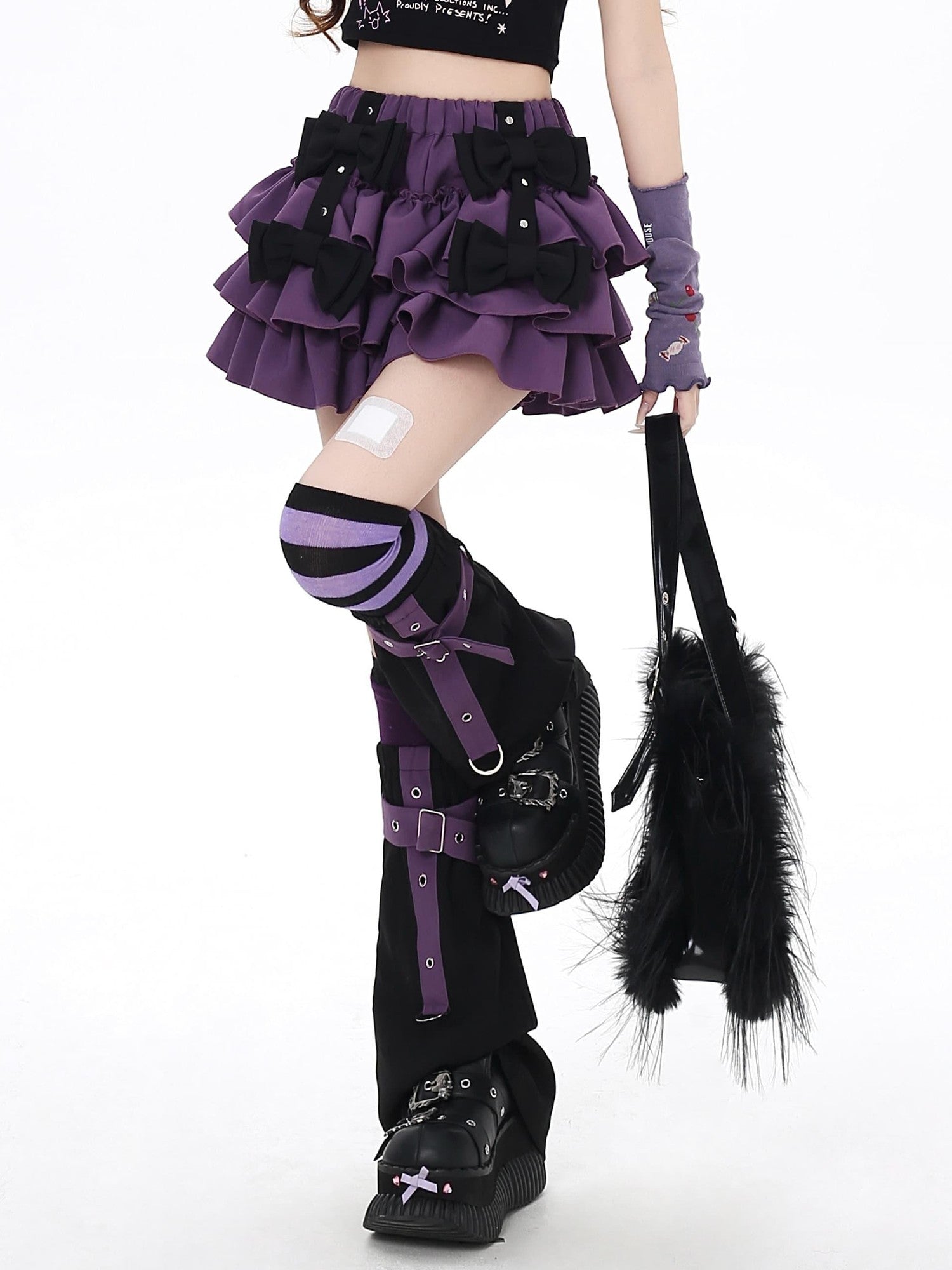 CRAZYGIRL Black Purple Puff Ruffle Bow Cake Women's Polyurethane Mini Skirts