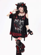 CRAZYGIRL_Black_Red_Plaid_Print_Patchwork_Off_Shoulder_Loose_Women's_Short_Sleeve_T-shirts_1050449018105_MISSTT
