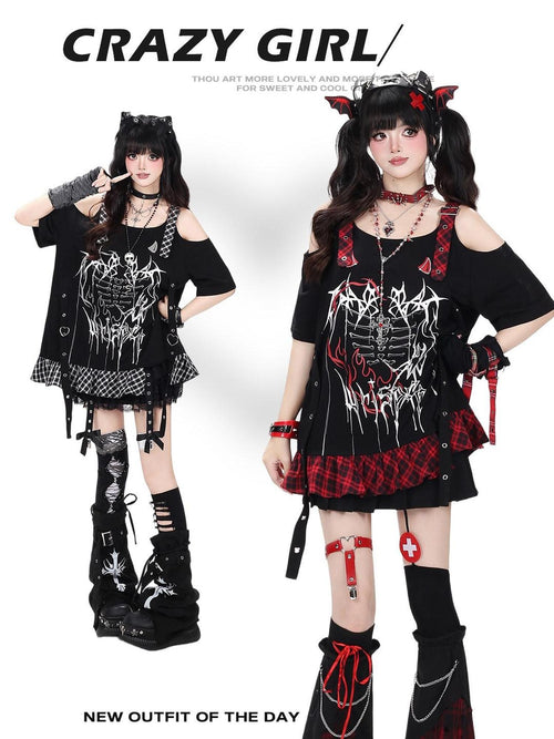 CRAZYGIRL Black Red Plaid Print Patchwork Off Shoulder Loose Women's Short Sleeve T-shirts