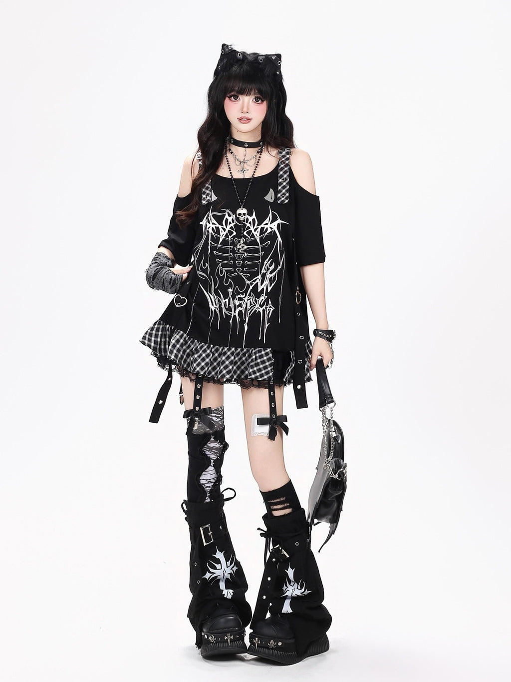 CRAZYGIRL Black Red Plaid Print Patchwork Off Shoulder Loose Women's Short Sleeve T-shirts