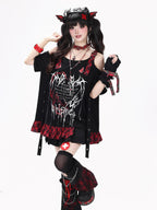 CRAZYGIRL Black Red Plaid Print Patchwork Off Shoulder Loose Women's Short Sleeve T-shirts
