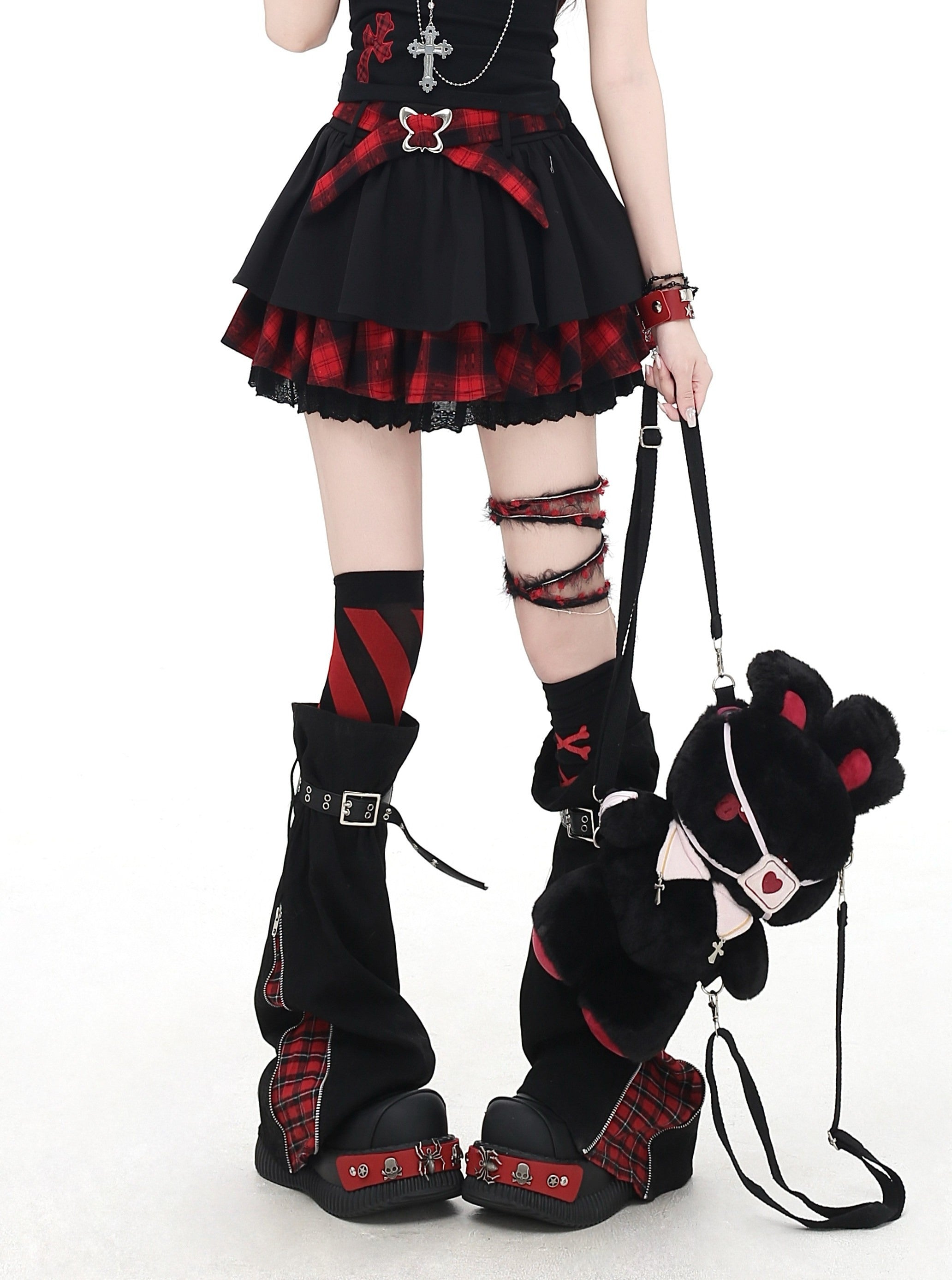 CRAZYGIRL_Black_Red_Plaid_Ruffled_Lace_Bow_A_Line_High_Waist_Women's_Mini_Skirts_942682076022_MISSTT