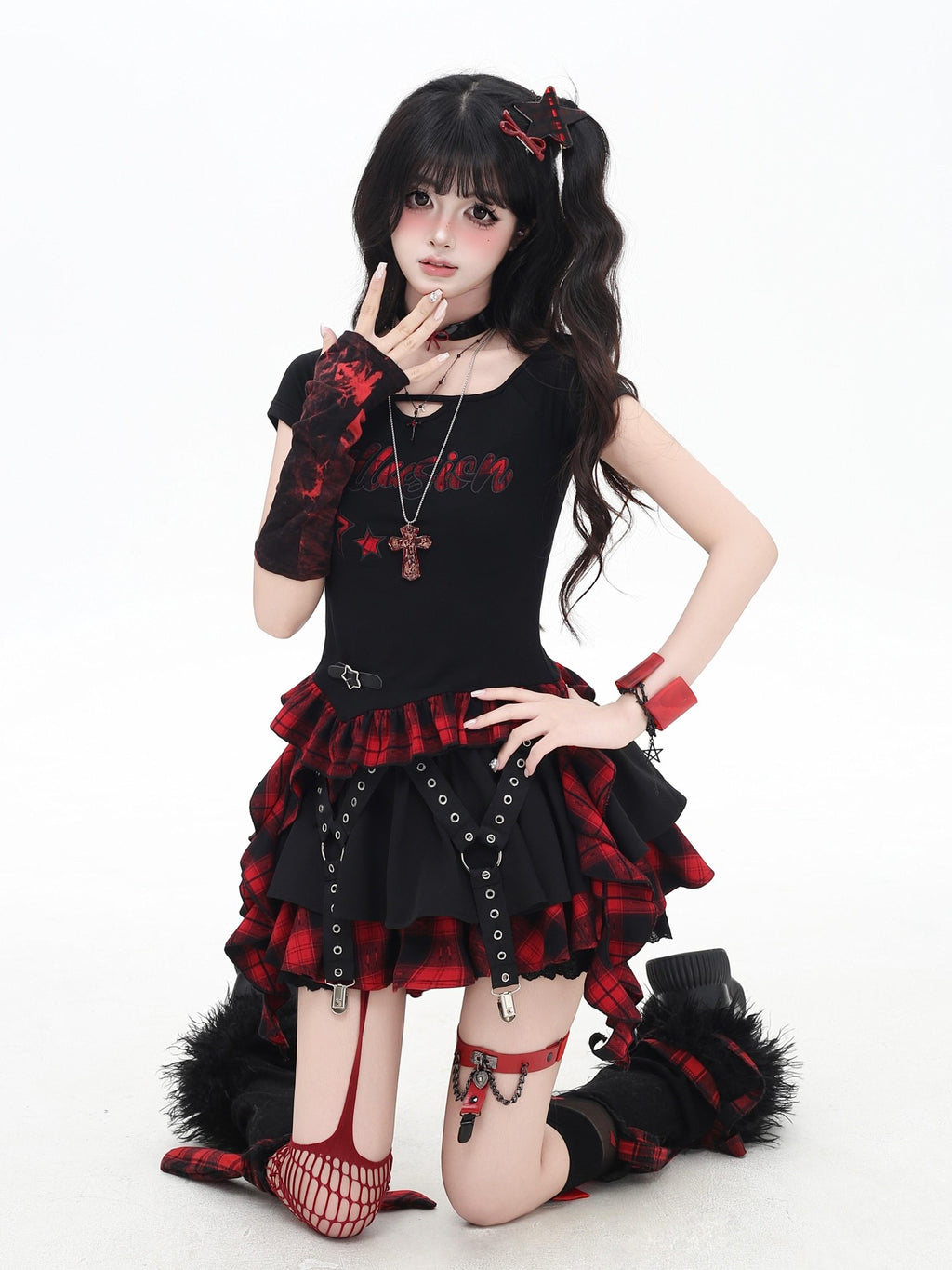 CRAZYGIRL Black Red Plaid Ruffled Lace Bow A Line High Waist Women's Mini Skirts
