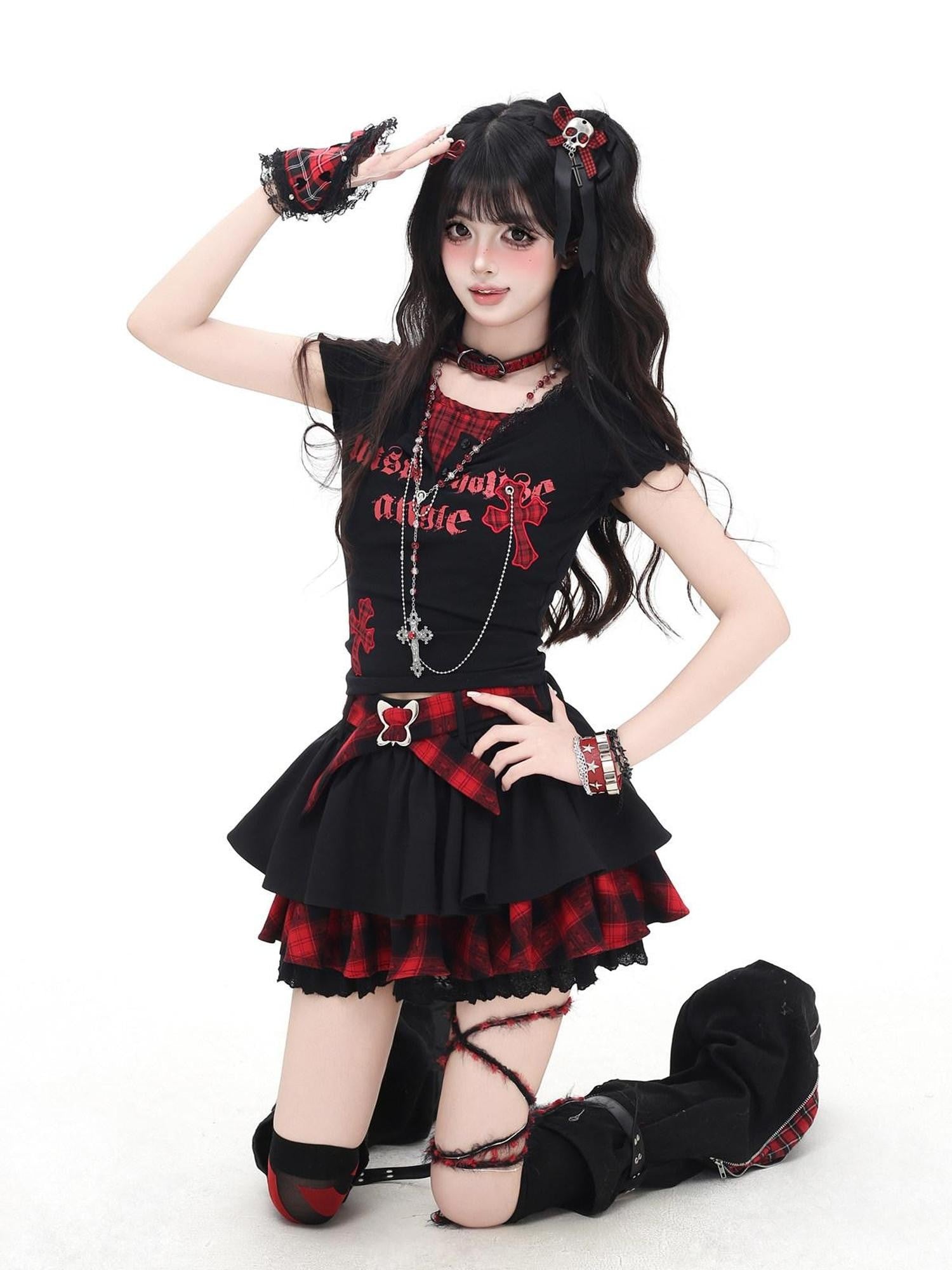 CRAZYGIRL Black Red Plaid Ruffled Lace Bow A Line High Waist Women's Mini Skirts