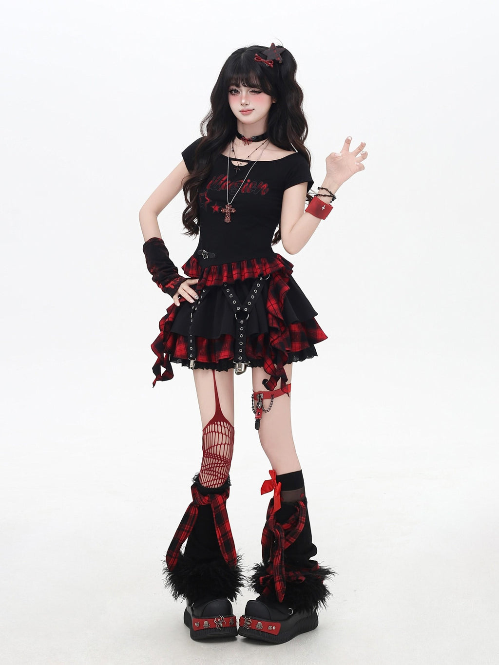 CRAZYGIRL Black Red Plaid Ruffled Lace Bow A Line High Waist Women's Mini Skirts