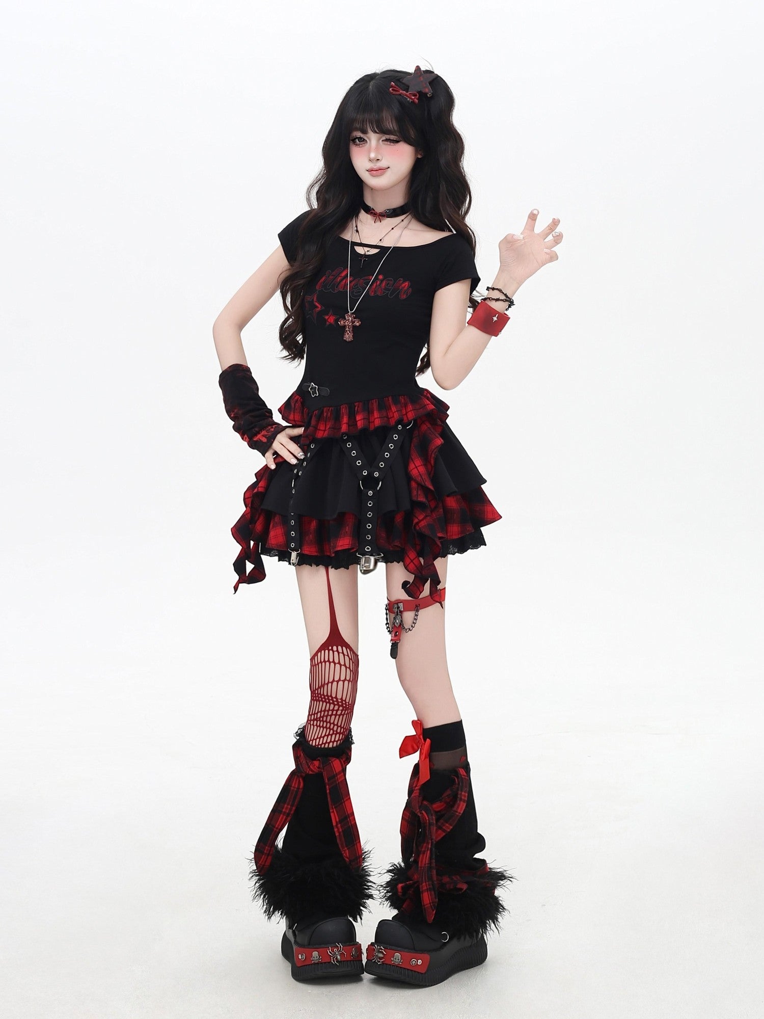 CRAZYGIRL Black Red Plaid Ruffled Lace Bow A Line High Waist Women's Mini Skirts
