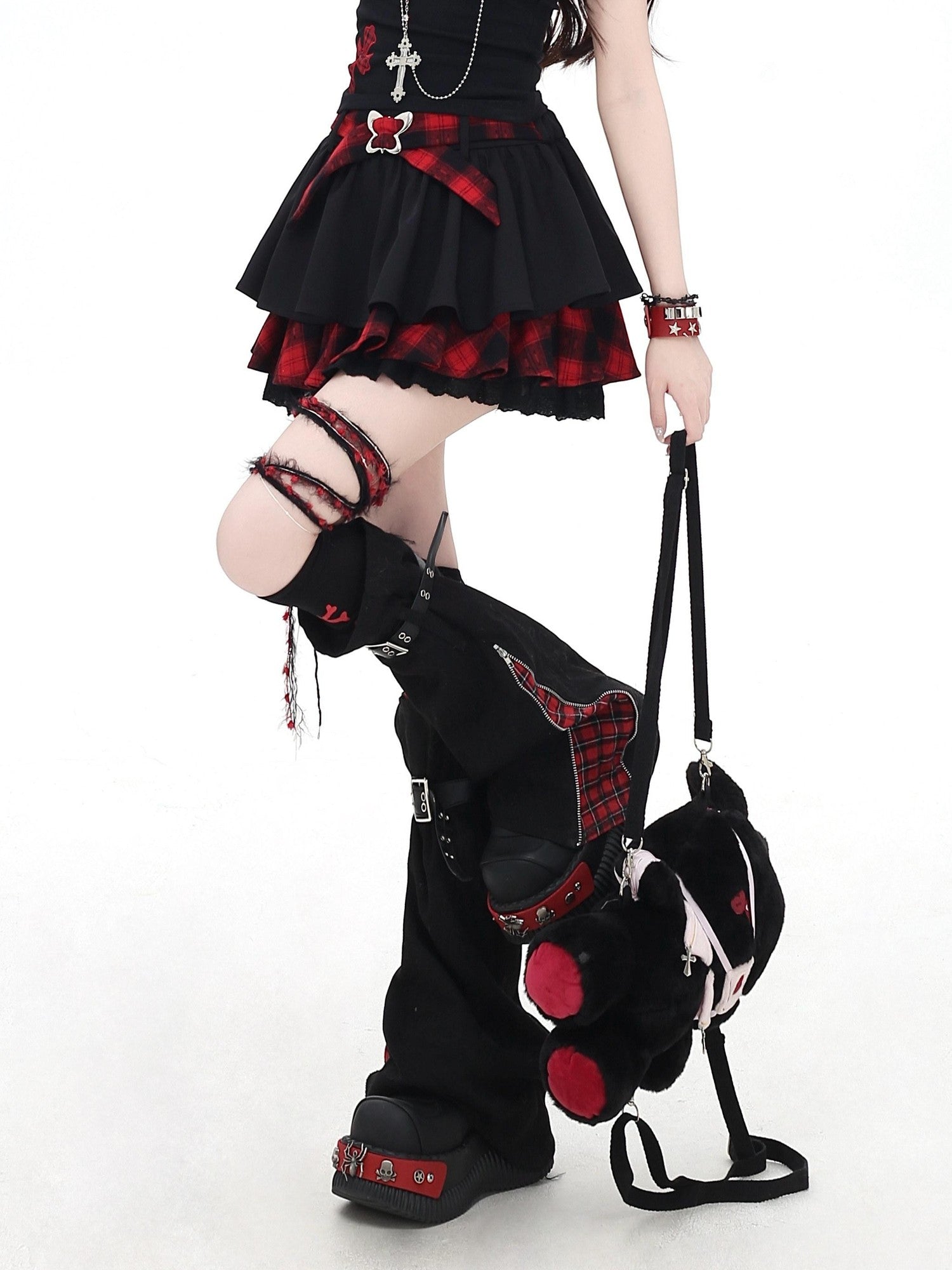CRAZYGIRL Black Red Plaid Ruffled Lace Bow A Line High Waist Women's Mini Skirts