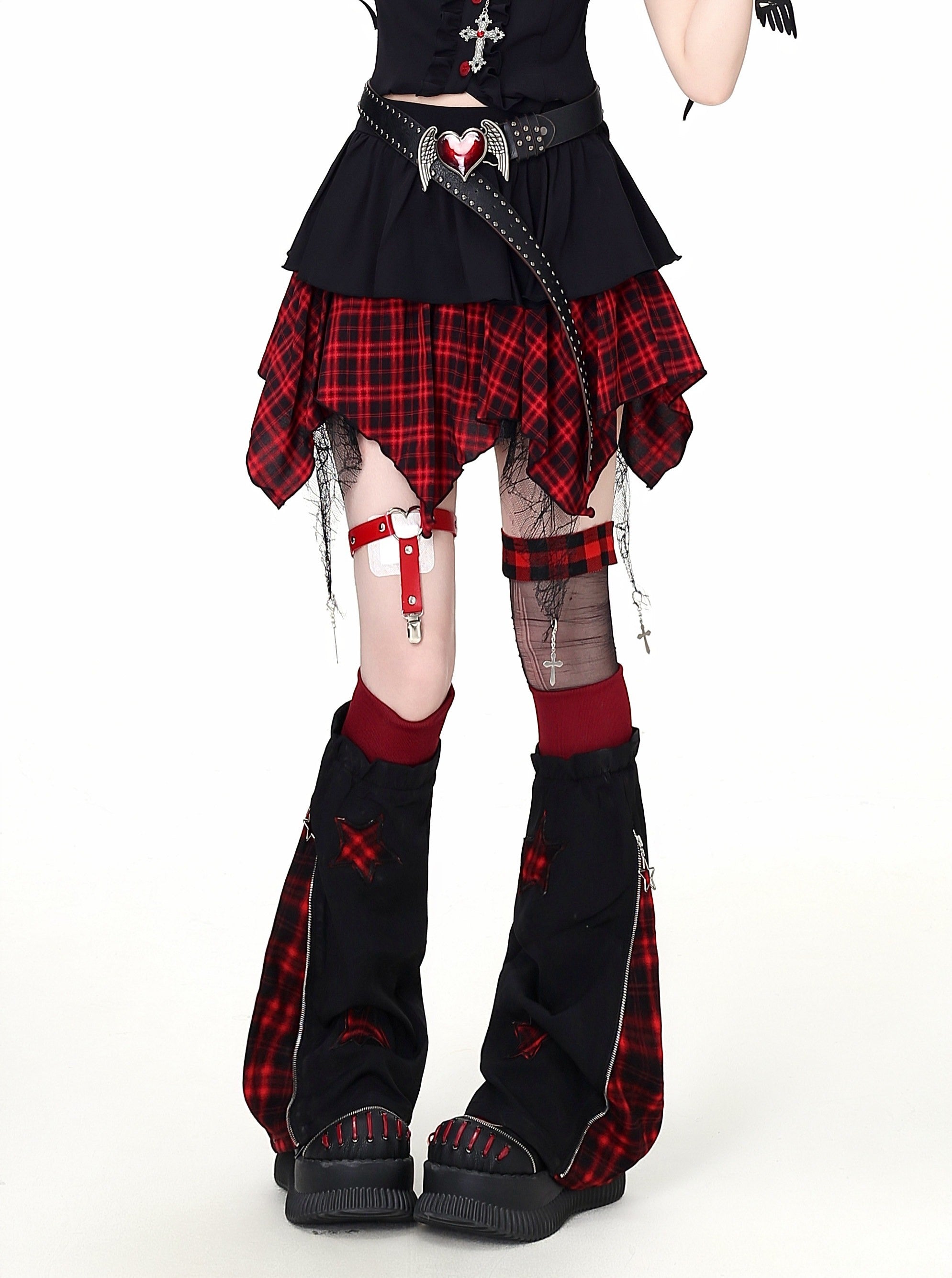 CRAZYGIRL_Black_Red_Plaid_Spliced_Collared_Cropped_Women's_Short_Sleeve_T-shirts_1045315255159_MISSTT