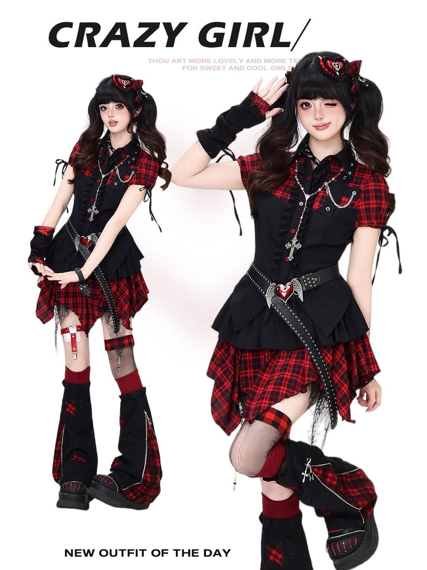 CRAZYGIRL Black Red Plaid Spliced Collared Cropped Women's Short Sleeve T-shirts