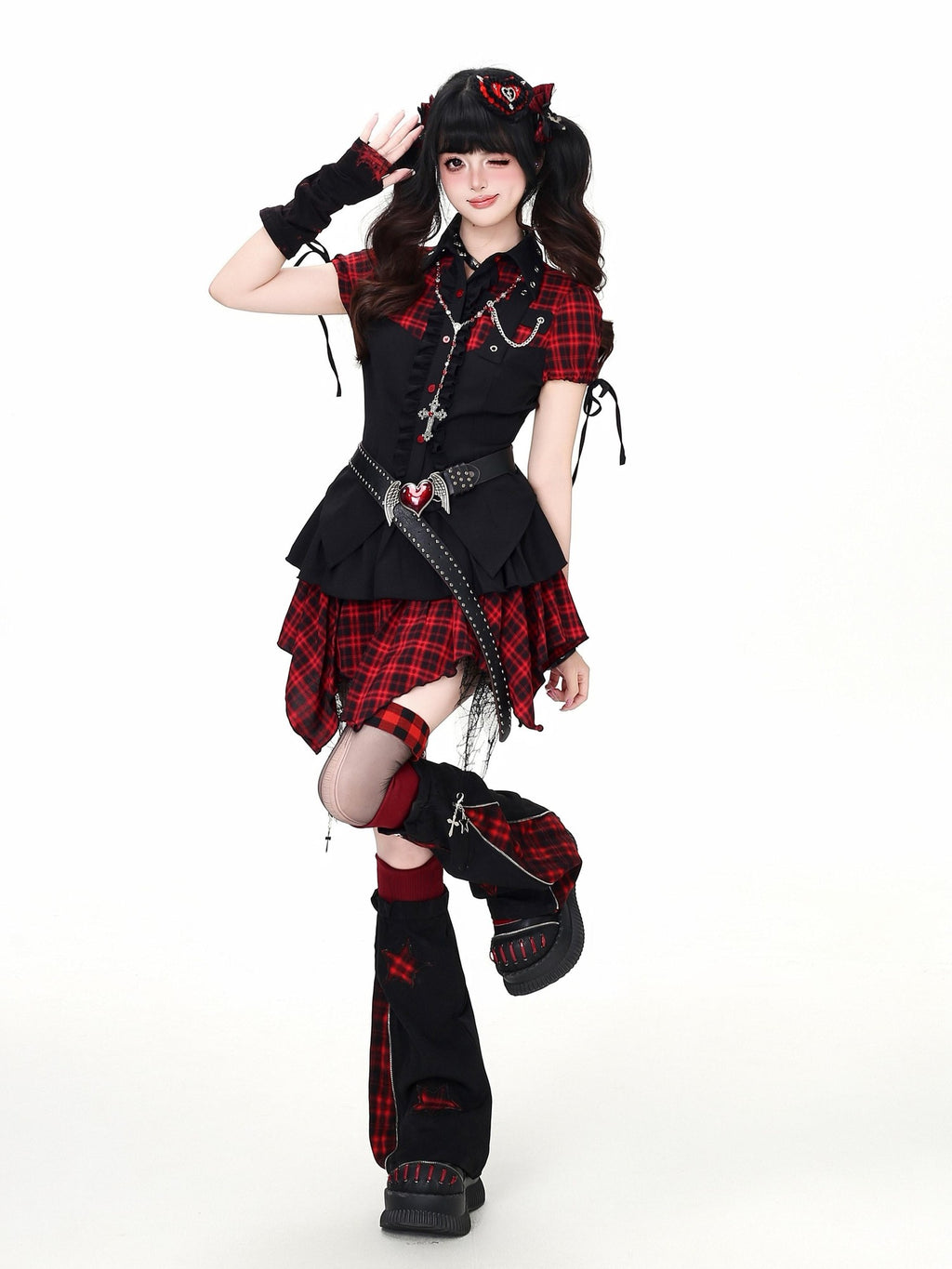 CRAZYGIRL Black Red Plaid Spliced Collared Cropped Women's Short Sleeve T-shirts