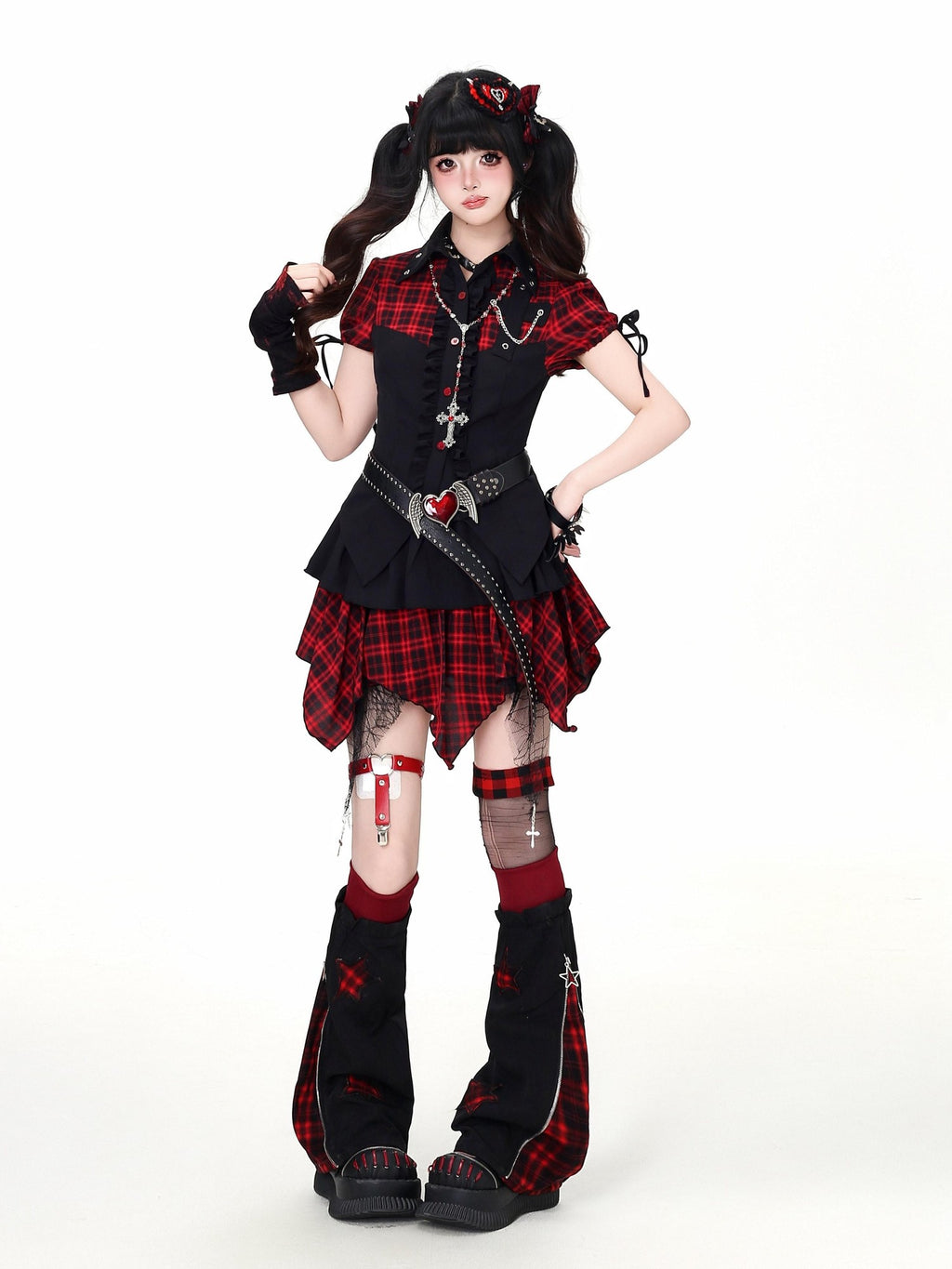 CRAZYGIRL Black Red Plaid Spliced Collared Cropped Women's Short Sleeve T-shirts