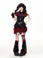 CRAZYGIRL Black Red Plaid Spliced Collared Cropped Women's Short Sleeve T-shirts