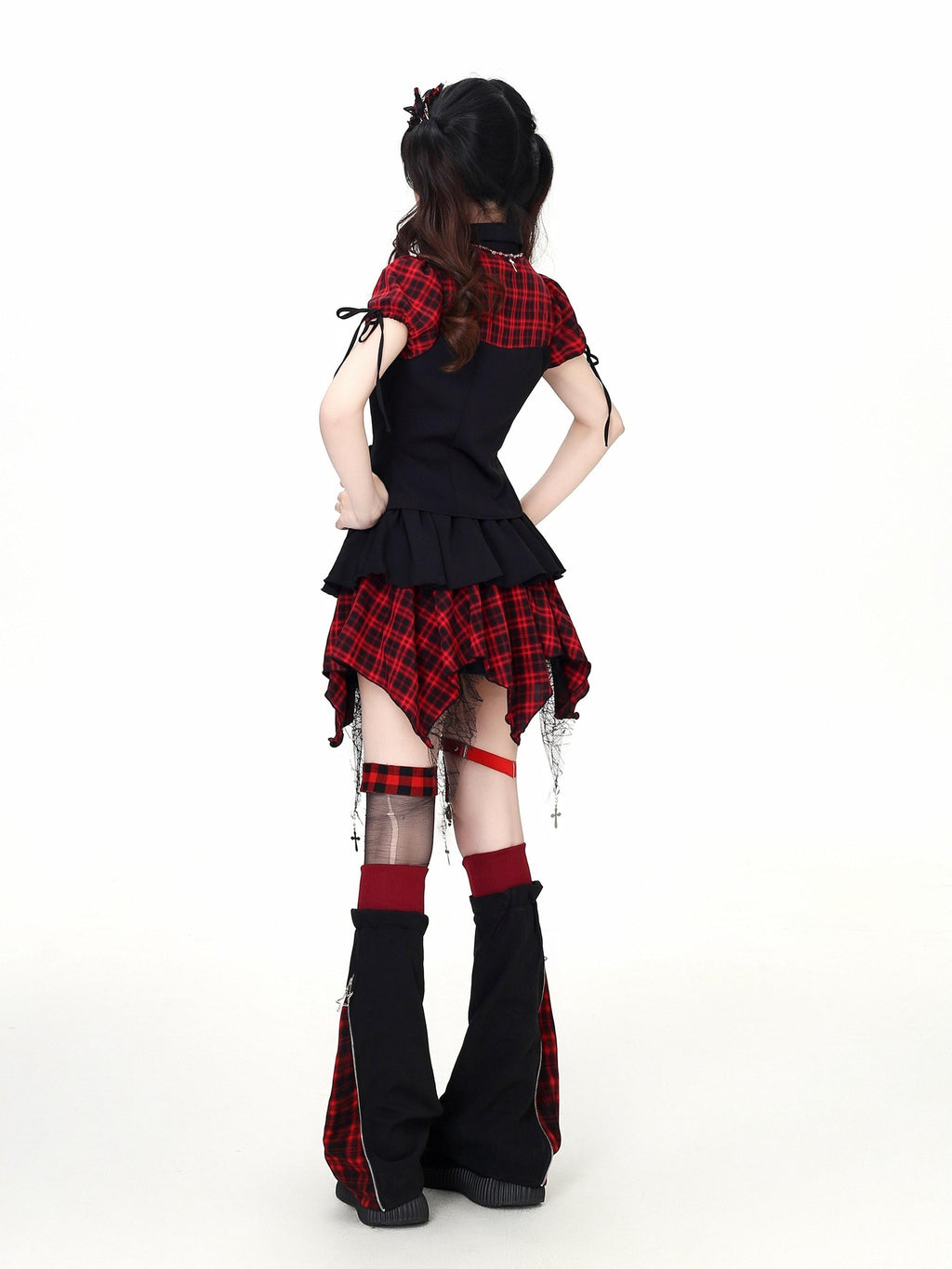 CRAZYGIRL Black Red Plaid Spliced Collared Cropped Women's Short Sleeve T-shirts