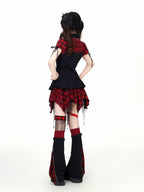 CRAZYGIRL Black Red Plaid Spliced Collared Cropped Women's Short Sleeve T-shirts
