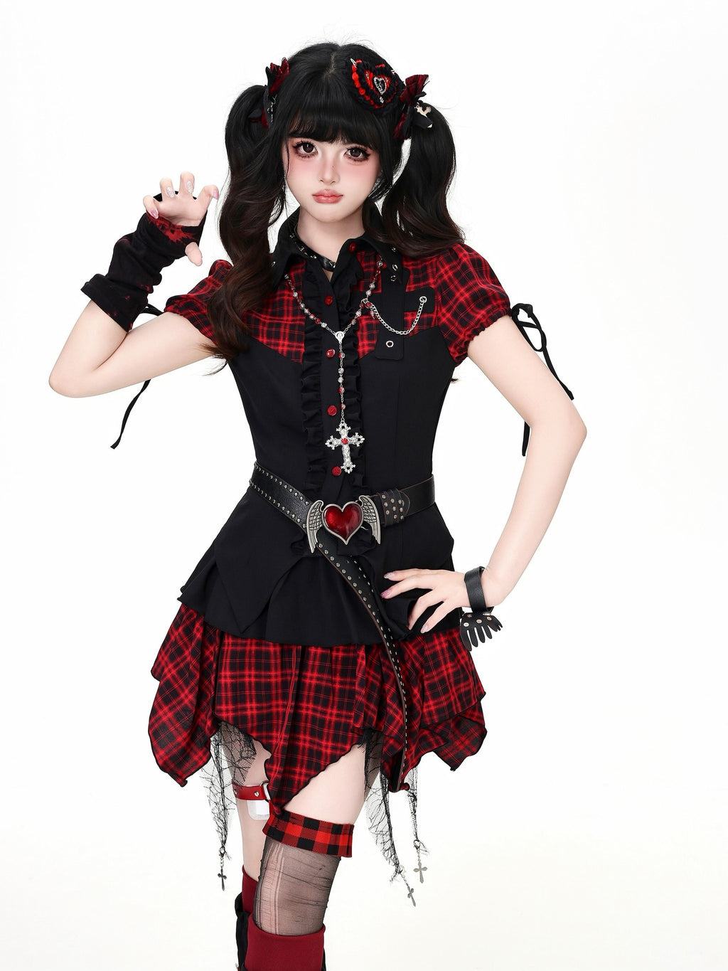 CRAZYGIRL Black Red Plaid Spliced Collared Cropped Women's Short Sleeve T-shirts