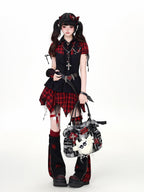 CRAZYGIRL Black Red Plaid Spliced Collared Cropped Women's Short Sleeve T-shirts