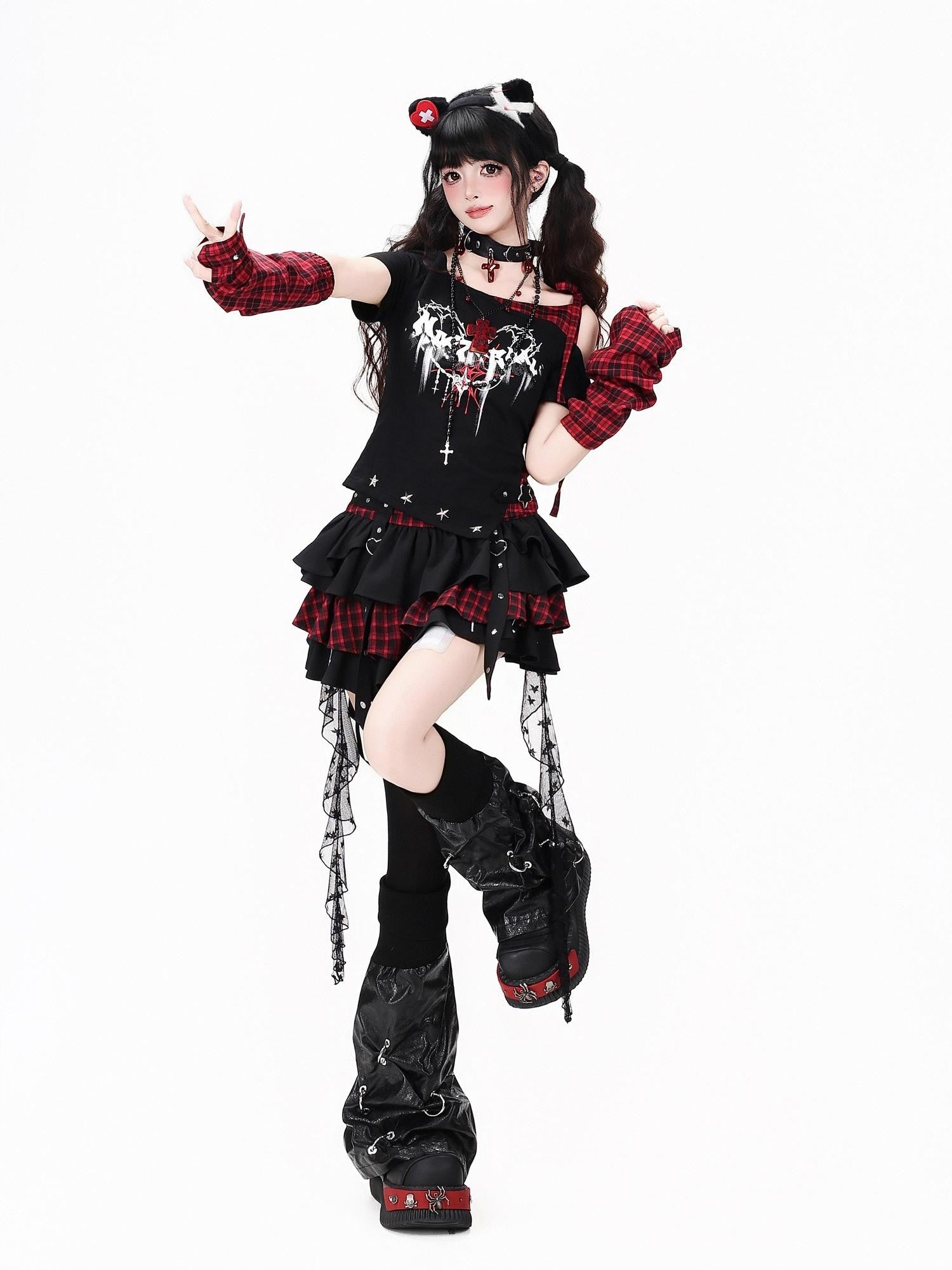 CRAZYGIRL Black Red Plaid Tulle Mesh Tiered Lace High Waist Patchwork Women's Mini Skirts