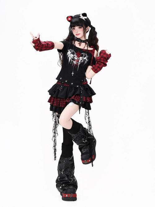 CRAZYGIRL Black Red Plaid Tulle Mesh Tiered Lace High Waist Patchwork Women's Mini Skirts
