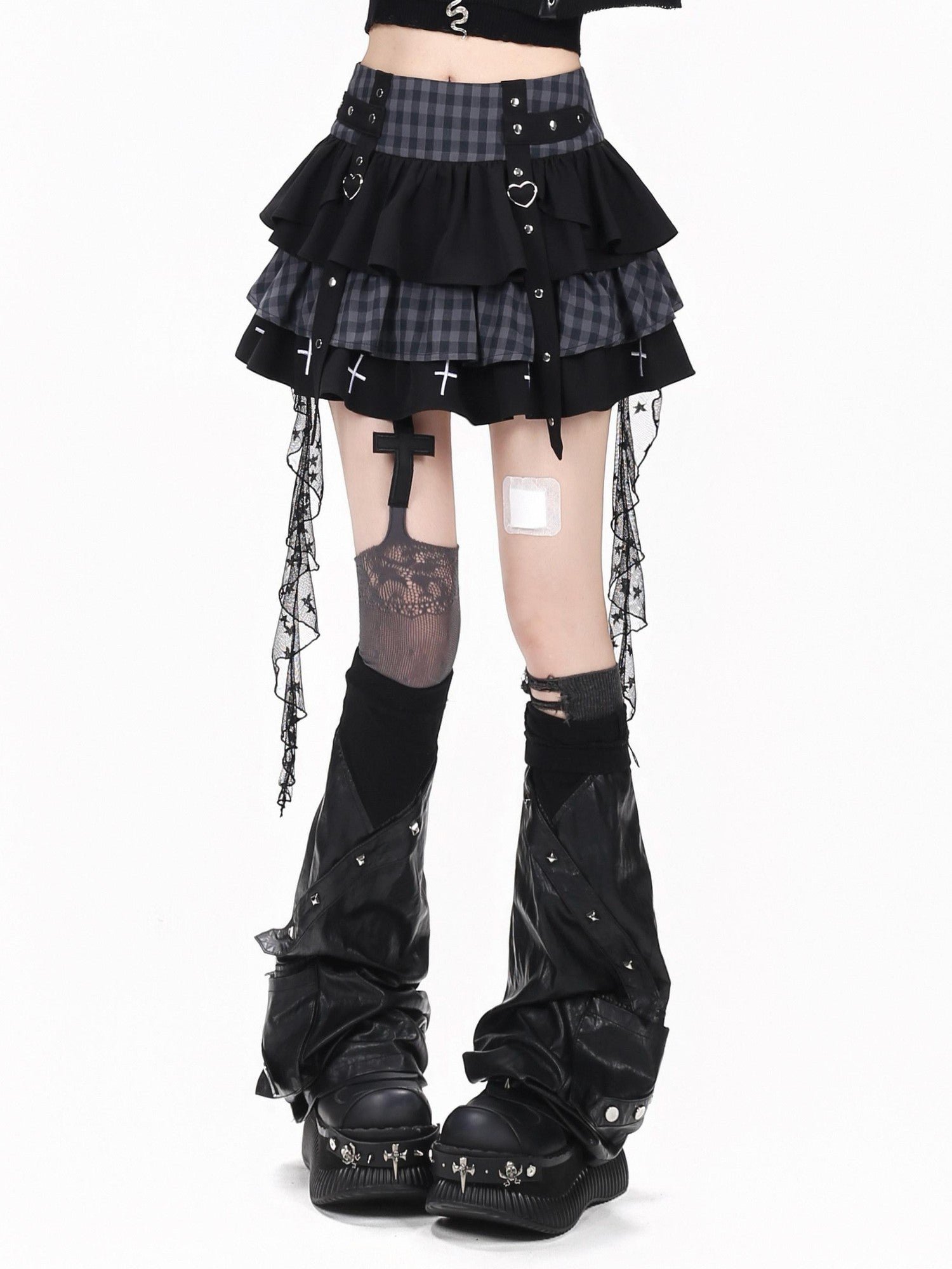 CRAZYGIRL Black Red Plaid Tulle Mesh Tiered Lace High Waist Patchwork Women's Mini Skirts