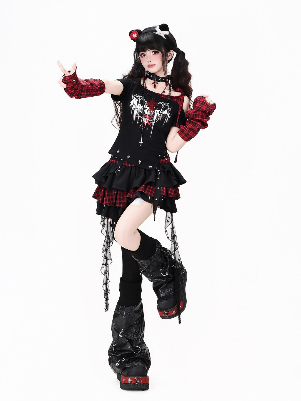 CRAZYGIRL Black Red Plaid Tulle Mesh Tiered Lace High Waist Patchwork Women's Mini Skirts