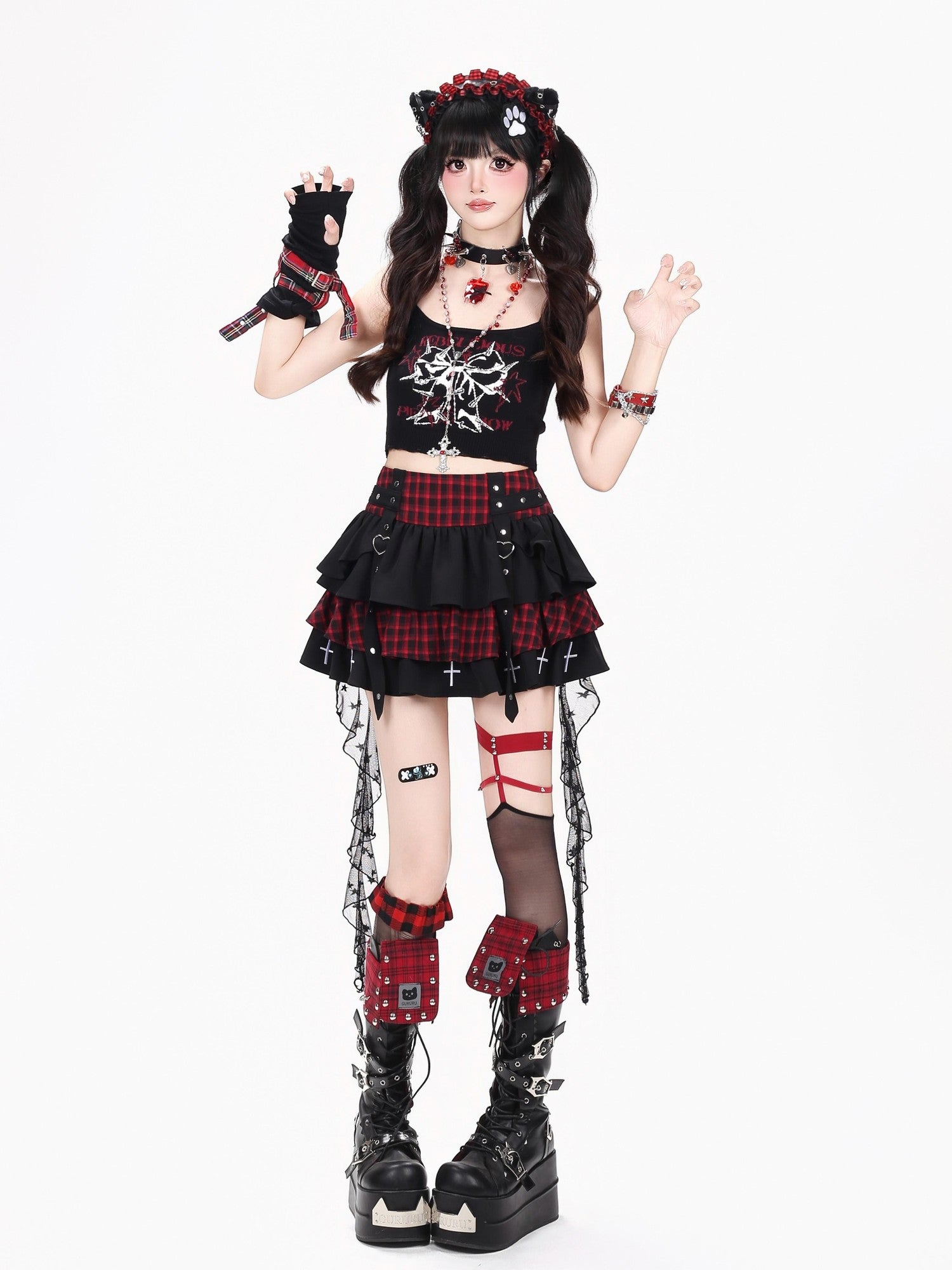 CRAZYGIRL Black Red Plaid Tulle Mesh Tiered Lace High Waist Patchwork Women's Mini Skirts