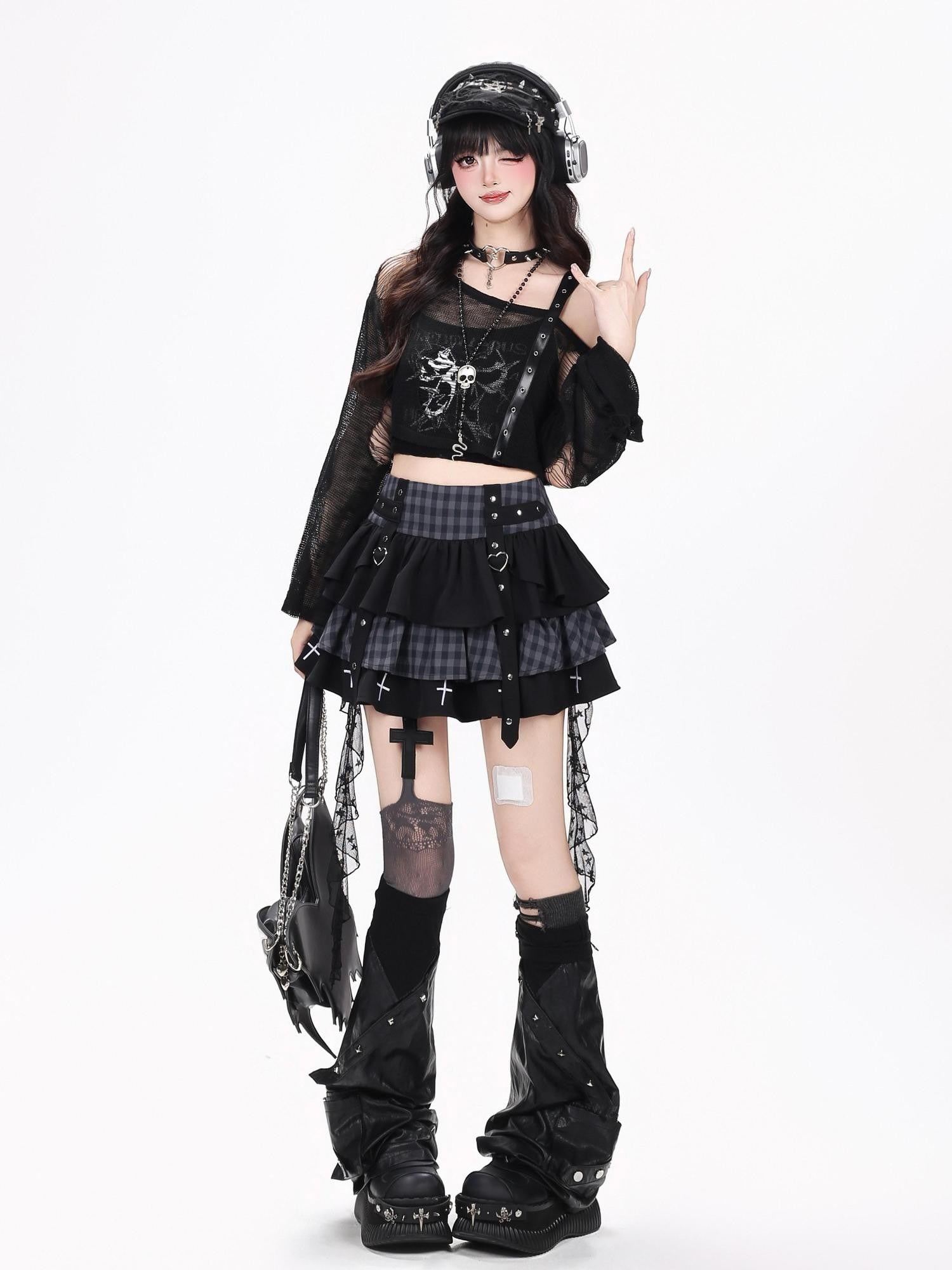 CRAZYGIRL Black Red Plaid Tulle Mesh Tiered Lace High Waist Patchwork Women's Mini Skirts