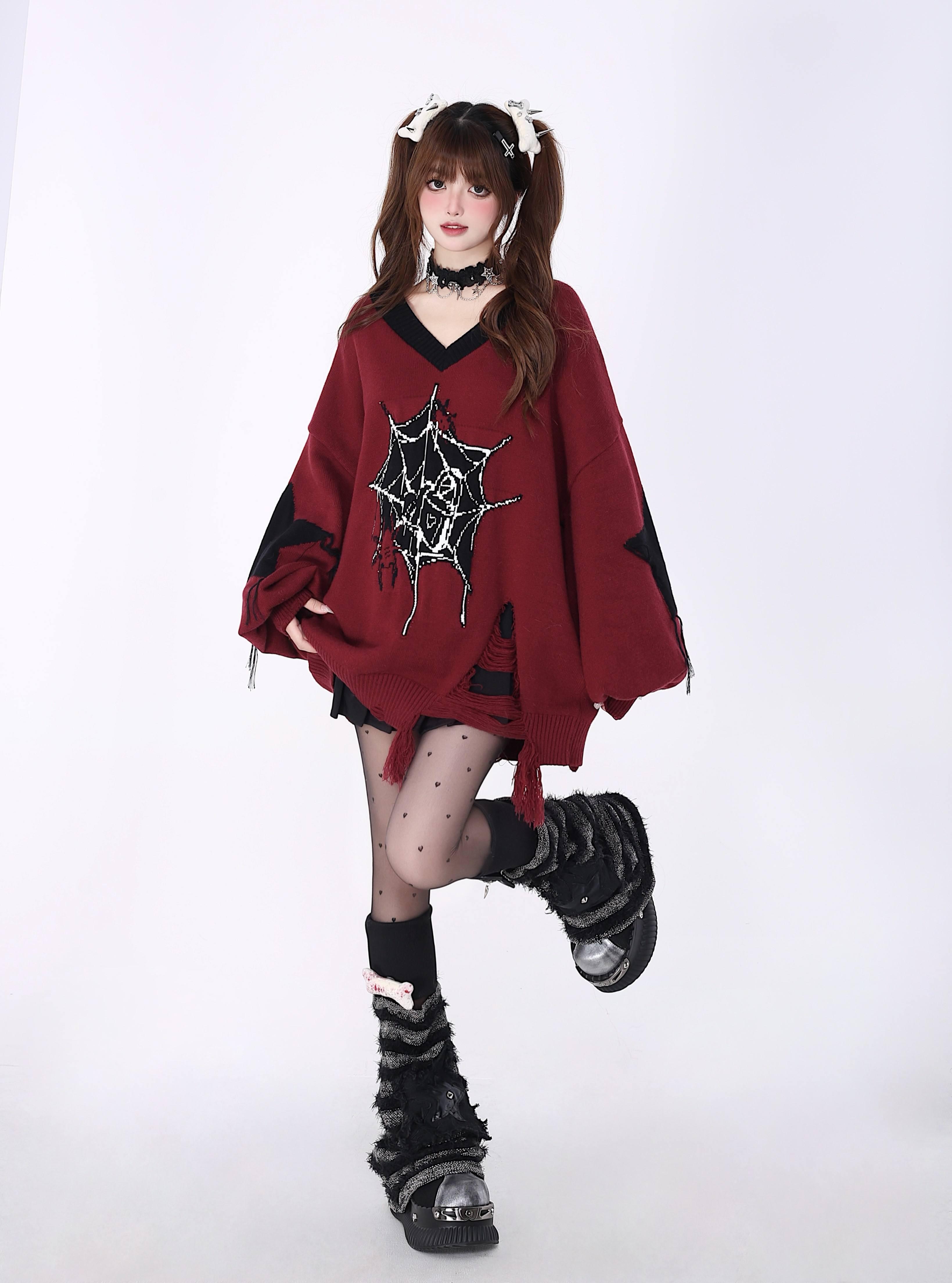 CRAZYGIRL_Black_Red_Trim_V-neck_Loose_Street_Style_Women's_Knitted_Sweaters_756783250530_MISSTT
