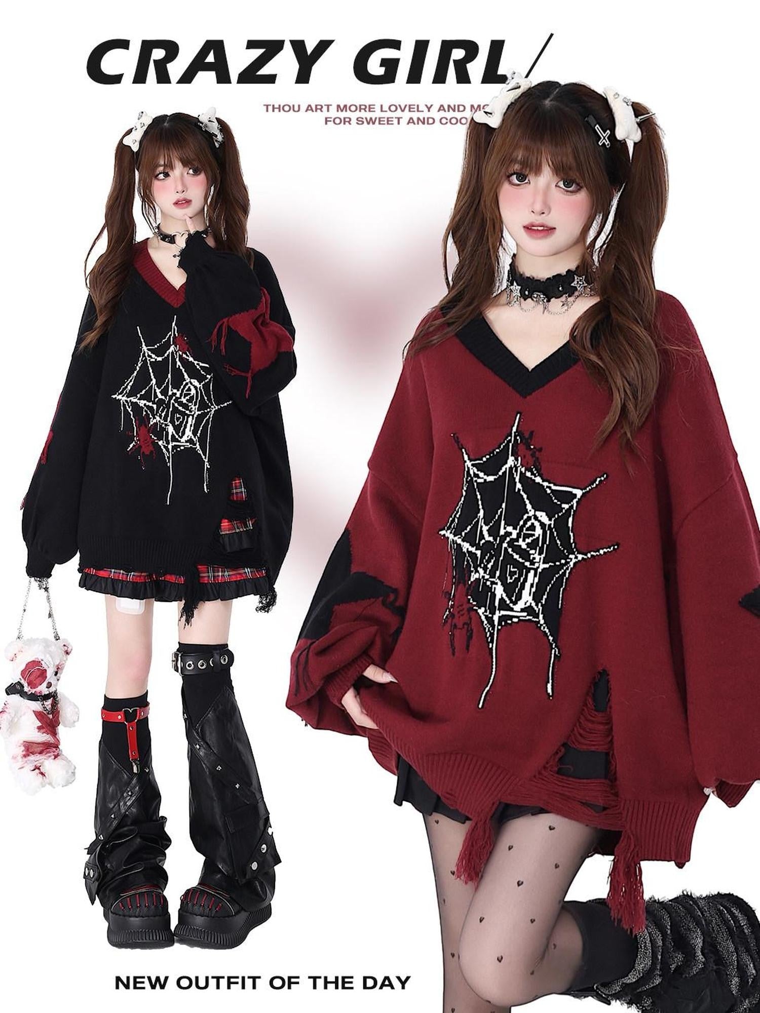 CRAZYGIRL Black Red Trim V-neck Loose Street Style Women's Knitted Sweaters