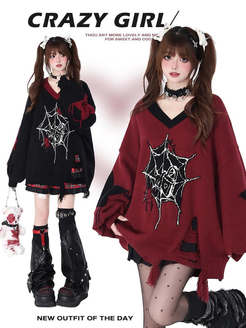 CRAZYGIRL Black Red Trim V-neck Loose Street Style Women's Knitted Sweaters