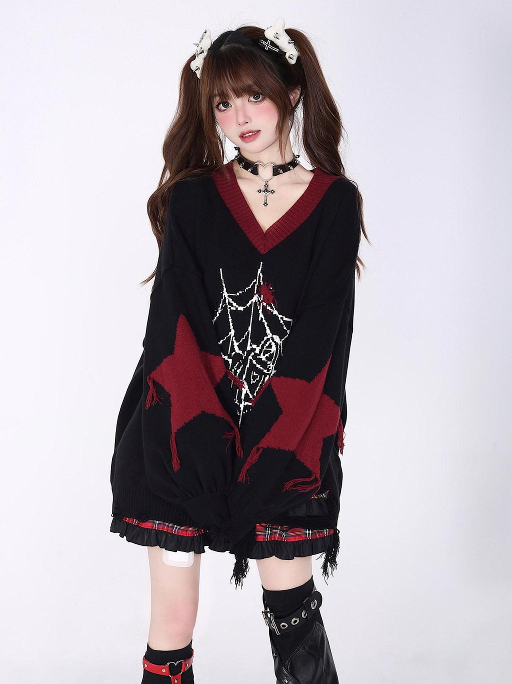 CRAZYGIRL Black Red Trim V-neck Loose Street Style Women's Knitted Sweaters
