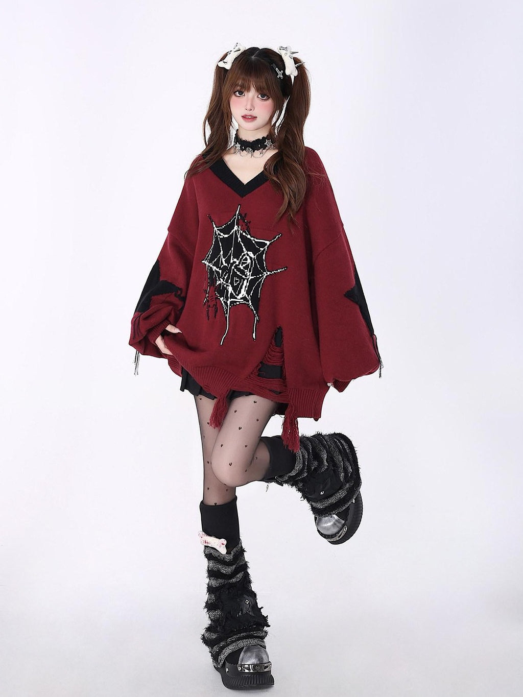 CRAZYGIRL Black Red Trim V-neck Loose Street Style Women's Knitted Sweaters