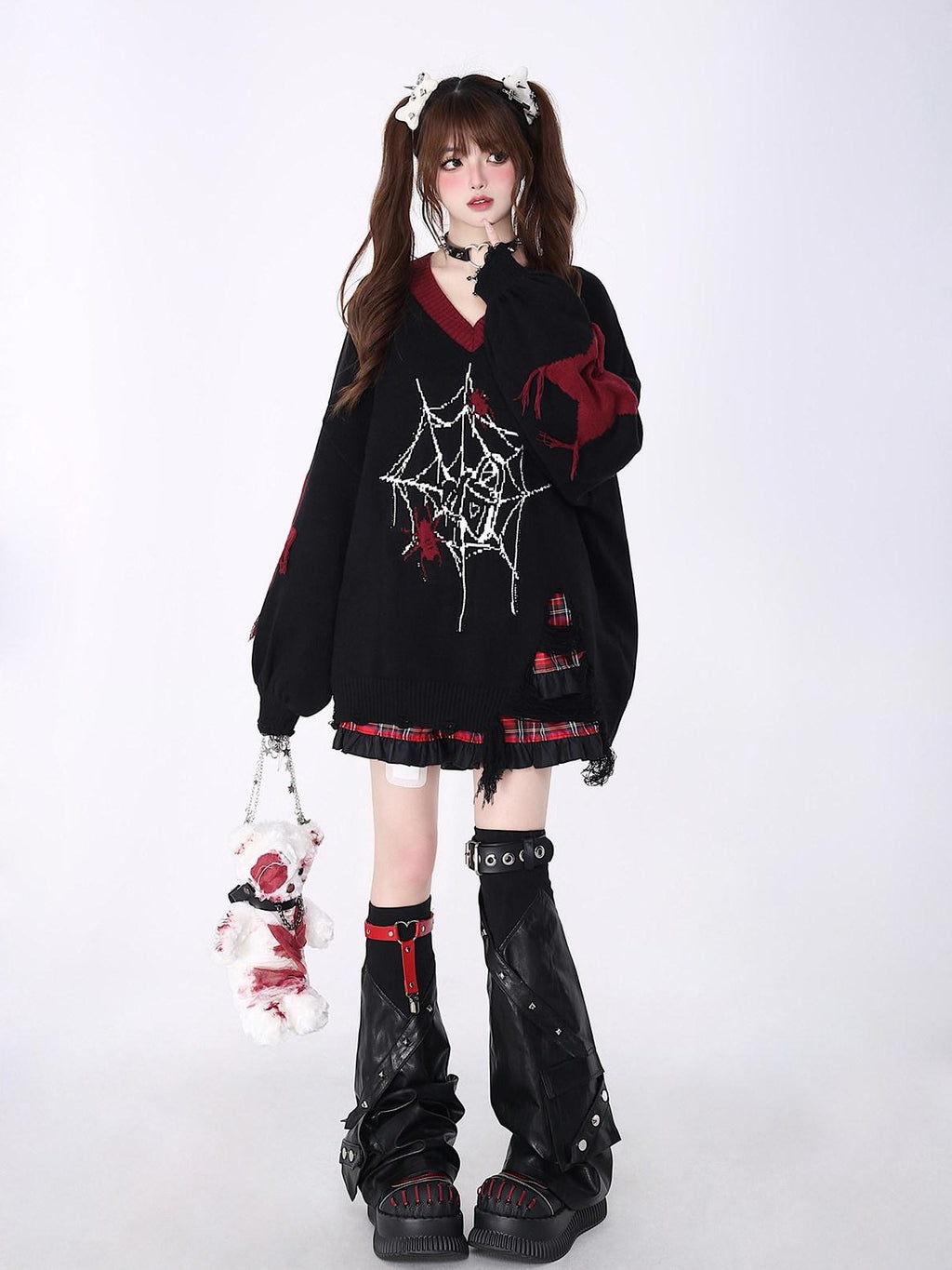 CRAZYGIRL Black Red Trim V-neck Loose Street Style Women's Knitted Sweaters
