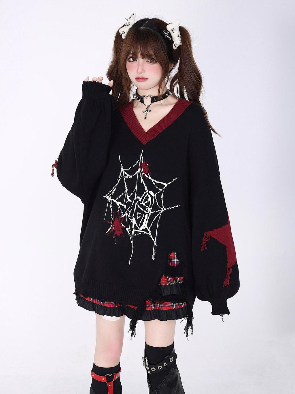 CRAZYGIRL Black Red Trim V-neck Loose Street Style Women's Knitted Sweaters