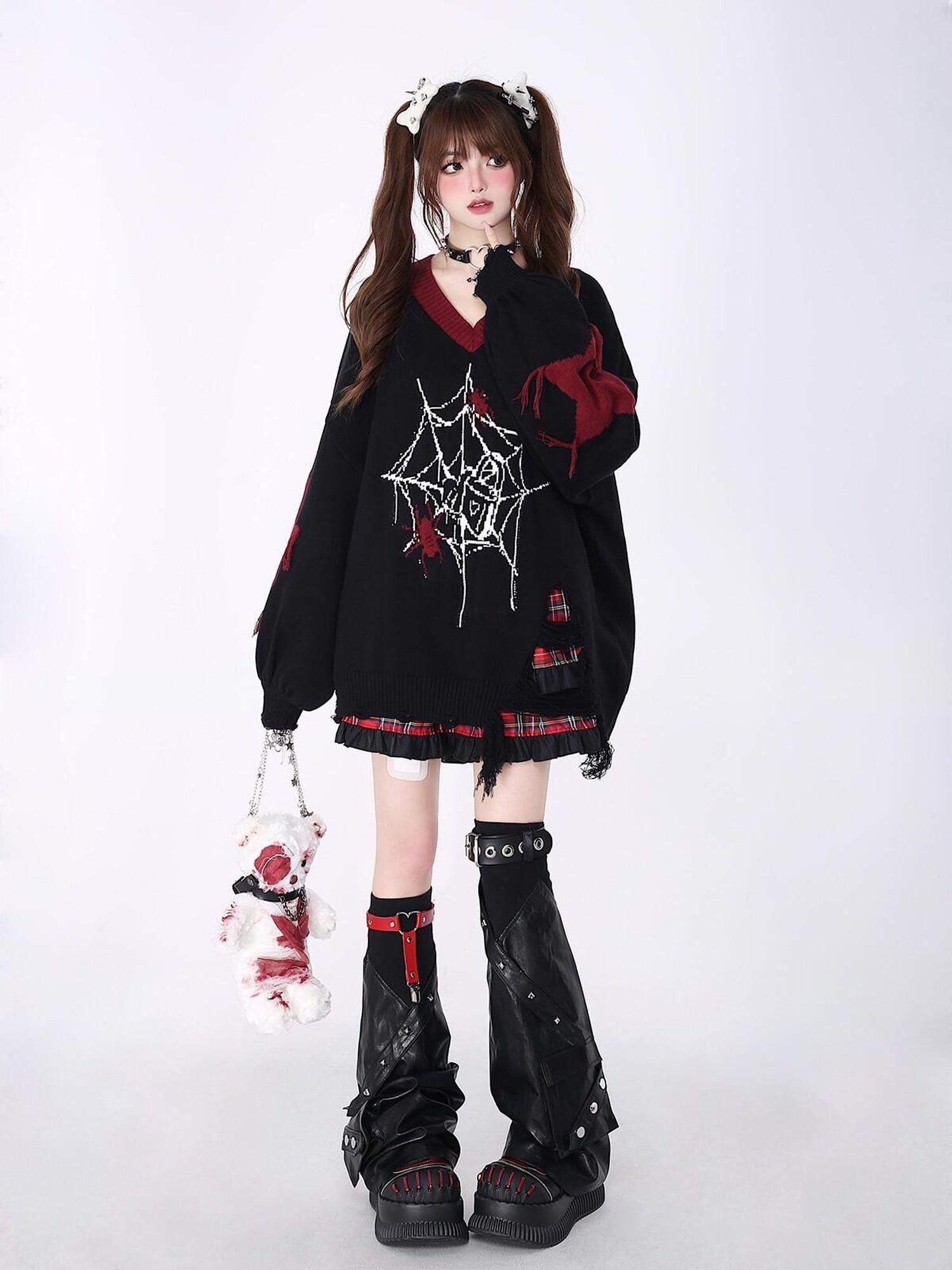 CRAZYGIRL Black Red Trim V-neck Loose Street Style Women's Knitted Sweaters