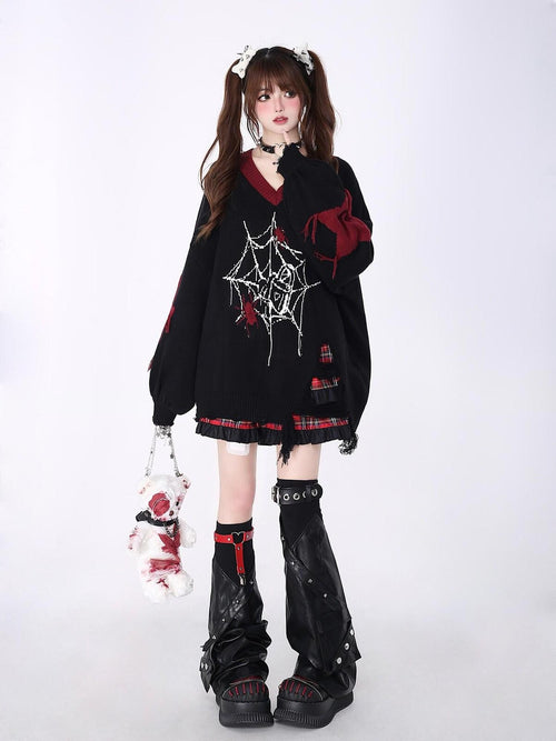 CRAZYGIRL Black Red Trim V-neck Loose Street Style Women's Knitted Sweaters
