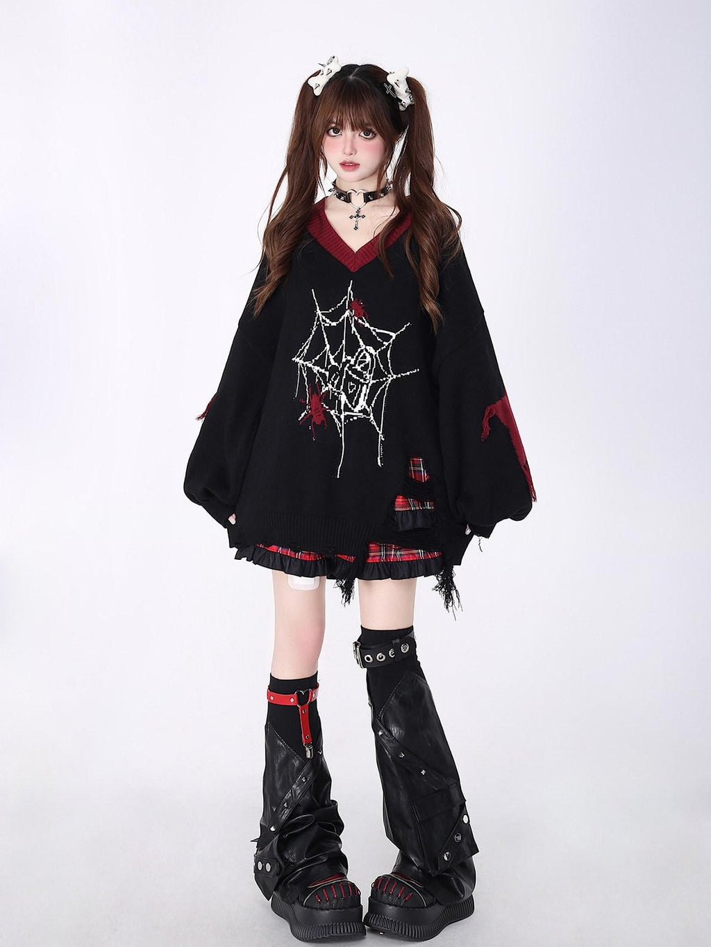 CRAZYGIRL Black Red Trim V-neck Loose Street Style Women's Knitted Sweaters