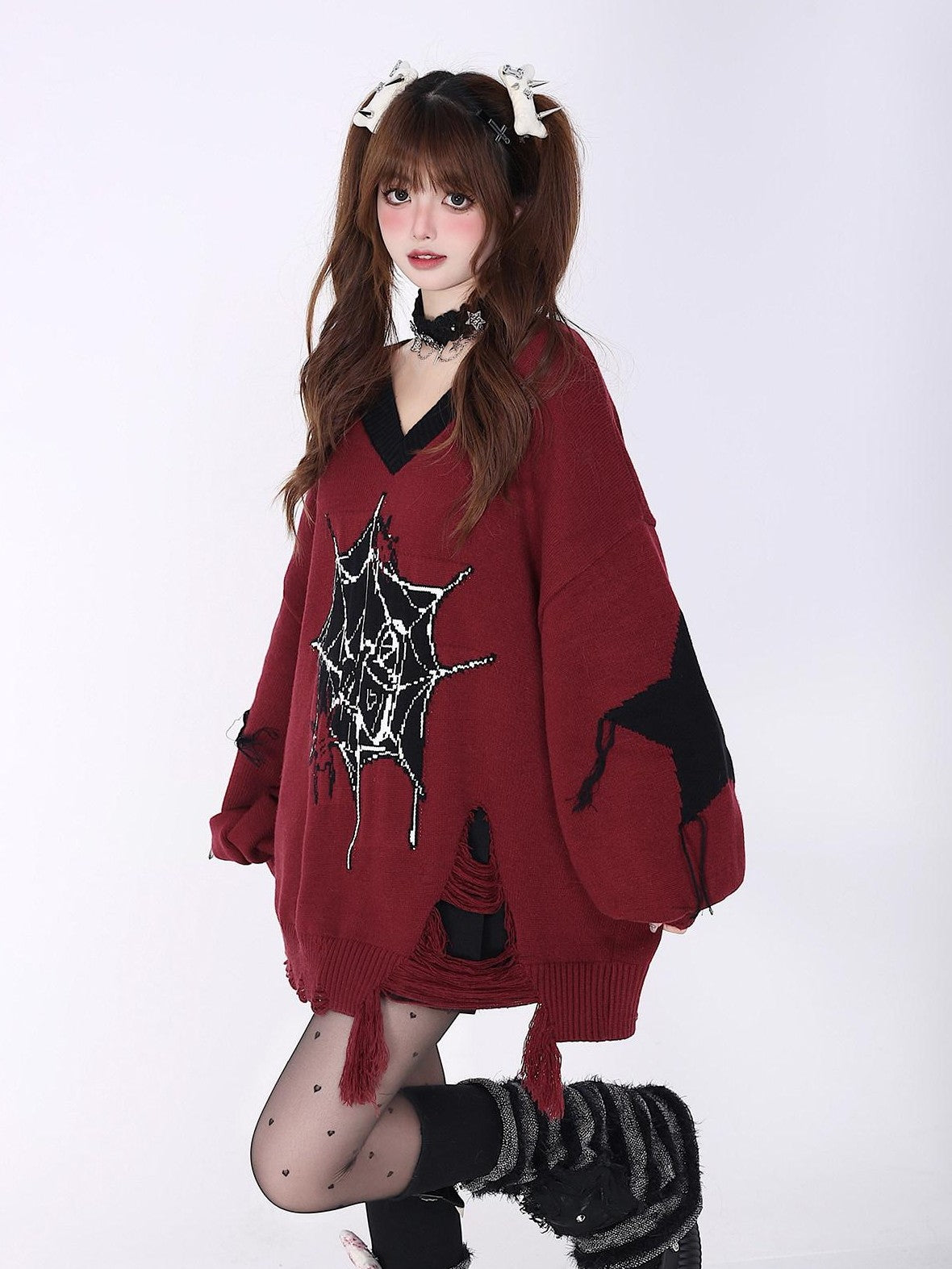 CRAZYGIRL Black Red Trim V-neck Loose Street Style Women's Knitted Sweaters