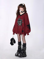 CRAZYGIRL Black Red Trim V-neck Loose Street Style Women's Knitted Sweaters
