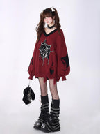 CRAZYGIRL Black Red Trim V-neck Loose Street Style Women's Knitted Sweaters