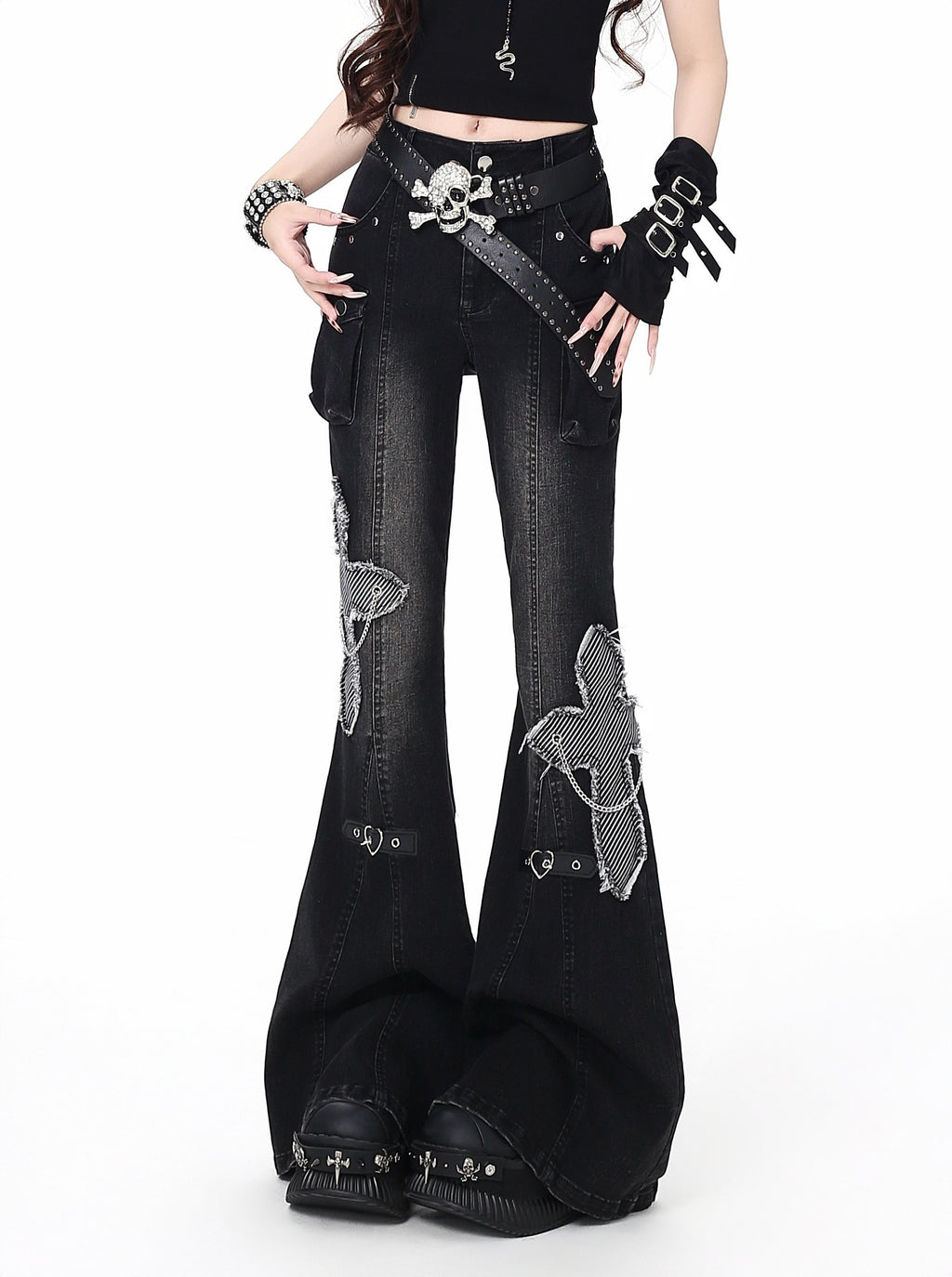 CRAZYGIRL_Black_Washed_Butterfly_Print_High_Waist_Slim_Riveted_Women's_Flare_Jeans_1030945545121_MISSTT