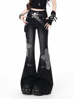 CRAZYGIRL_Black_Washed_Butterfly_Print_High_Waist_Slim_Riveted_Women's_Flare_Jeans_1030945545121_MISSTT